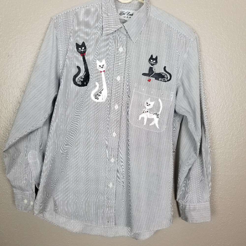Get Lucky USA Pinstripe LS Cat Lovers Bling Blouse